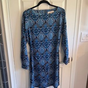 LOFT Blue and White Patterned Long Sleeve Dress